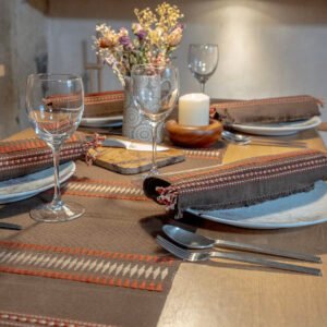 Earthy Brown Table Runner – Orange & Beige Accents