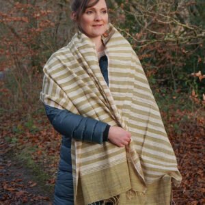 Handwoven Eri Silk Stole – Olive & Ivory Stripes