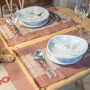 Handwoven Placemat – Beige & Deep Coral