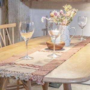 Handwoven Table Runner – Beige & Deep Coral
