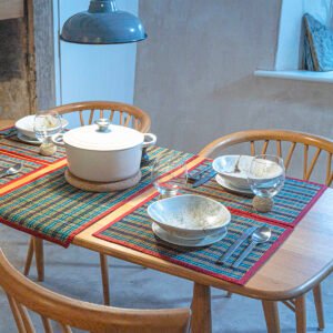Handwoven Bamboo Placemats – Red & Teal Stripes