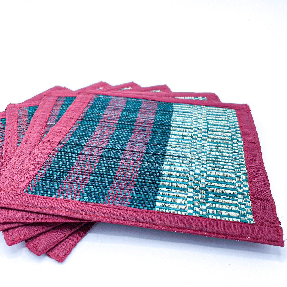 Handwoven Bamboo Coasters – Red & Teal - Image 5