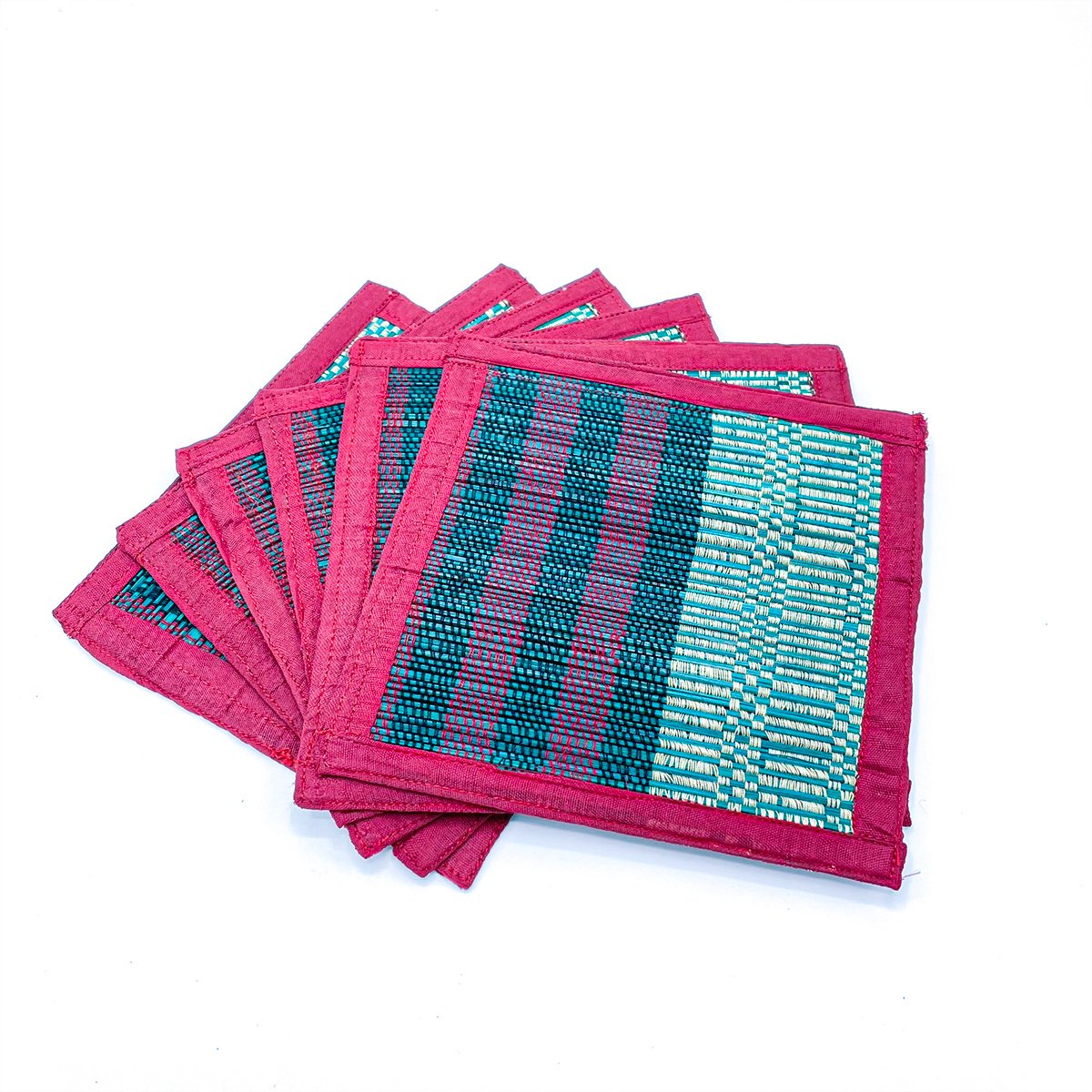 Handwoven Bamboo Coasters – Red & Teal - Image 3