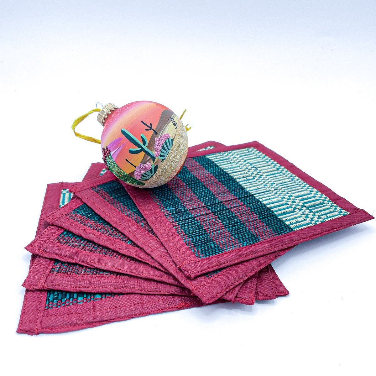 Handwoven Bamboo Coasters – Red & Teal - Image 6