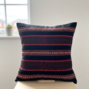 Handwoven Cushion Cover in Midnight Black & Crimson