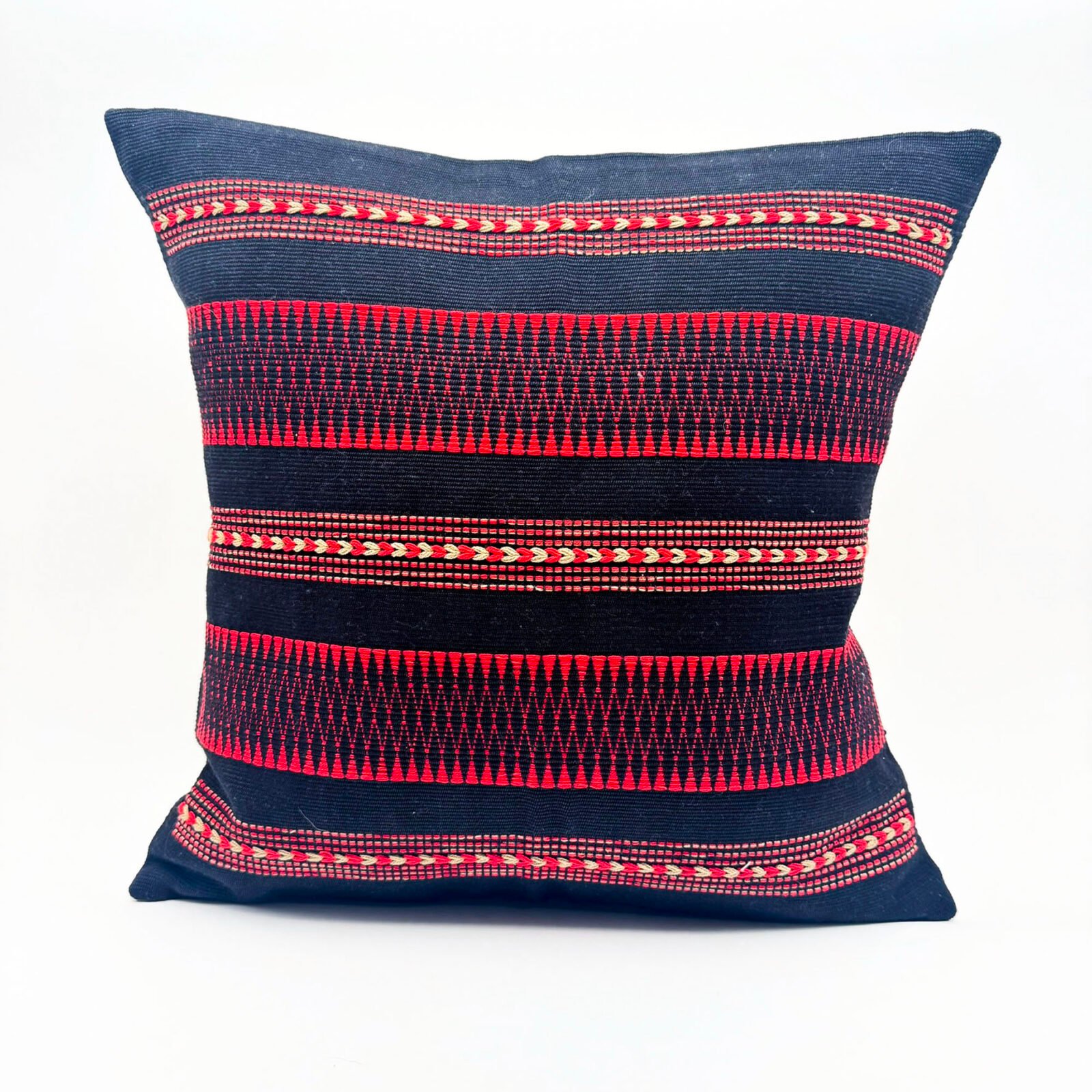 Handwoven Cushion Cover in Midnight Black & Crimson - Image 2