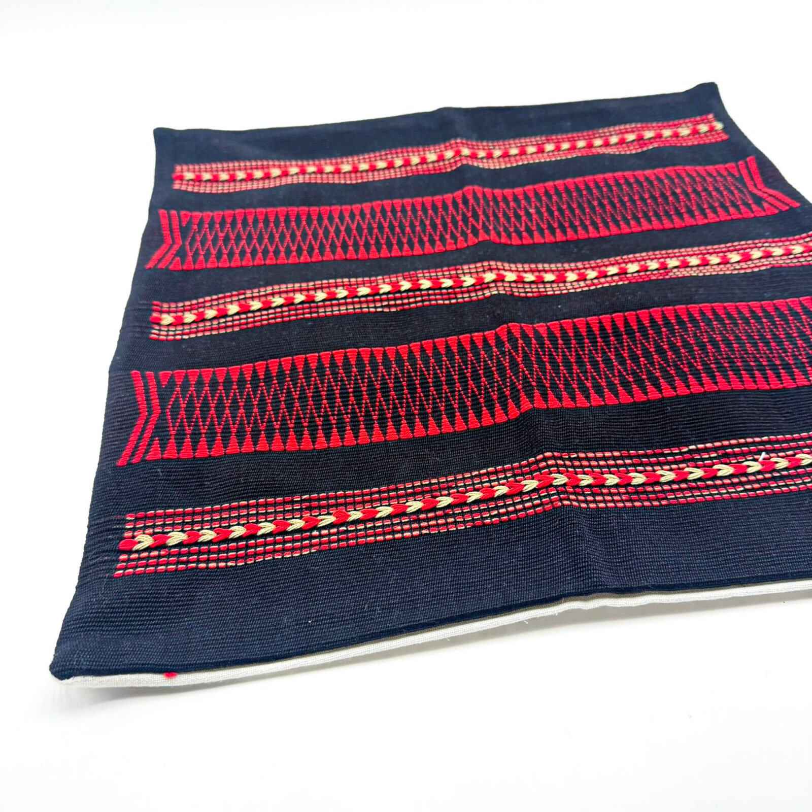 Handwoven Cushion Cover in Midnight Black & Crimson - Image 4
